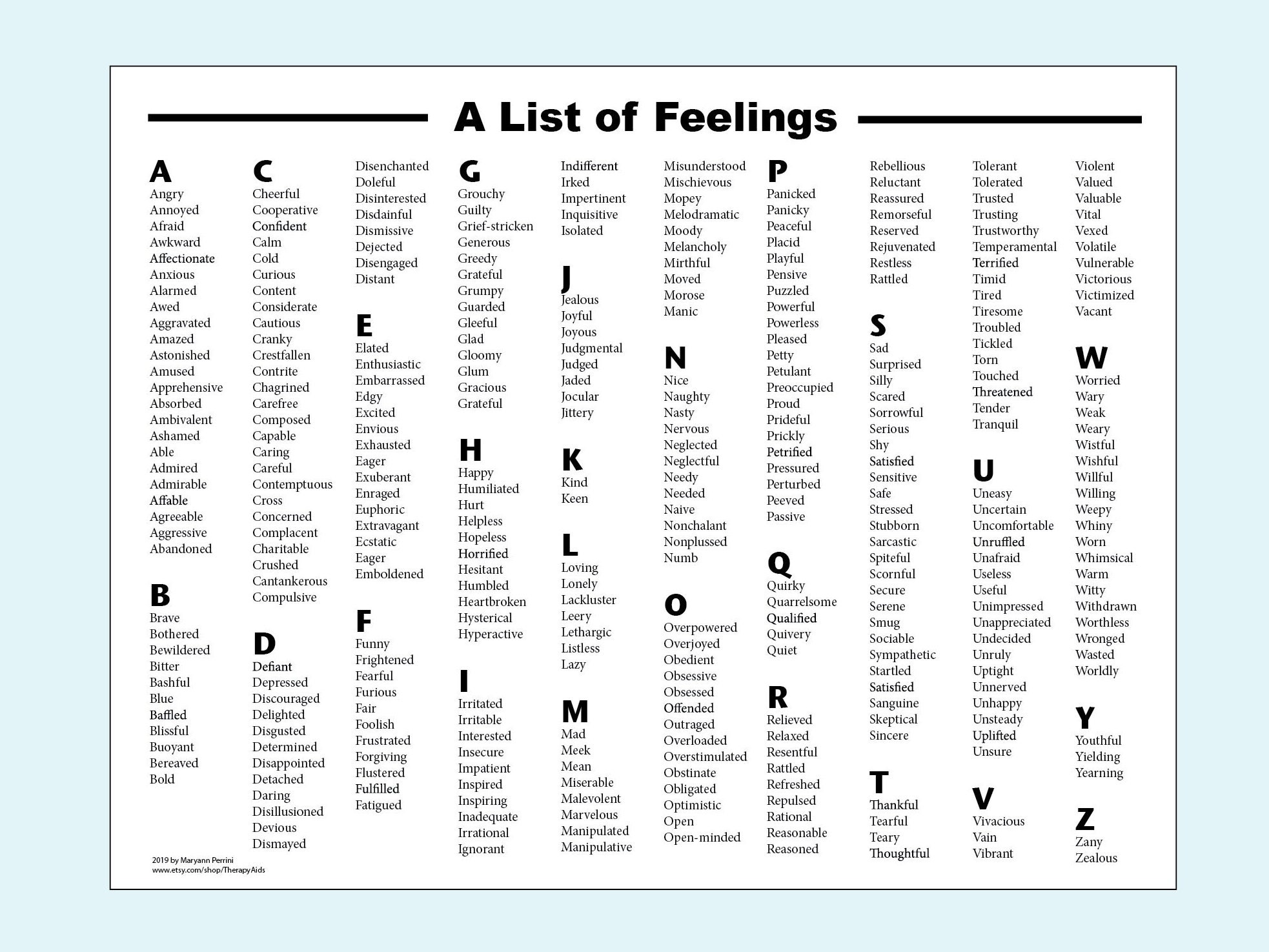 List Of Feelings Printable Etsy Australia