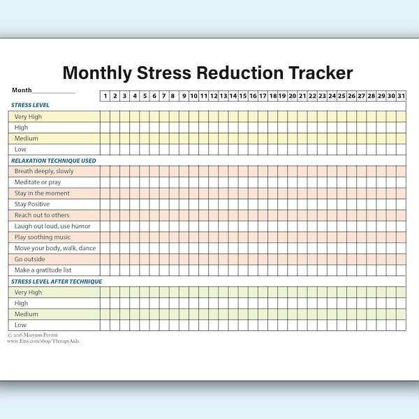Printable Stress Reduction Tracker with 10 Stress Relief Techniques