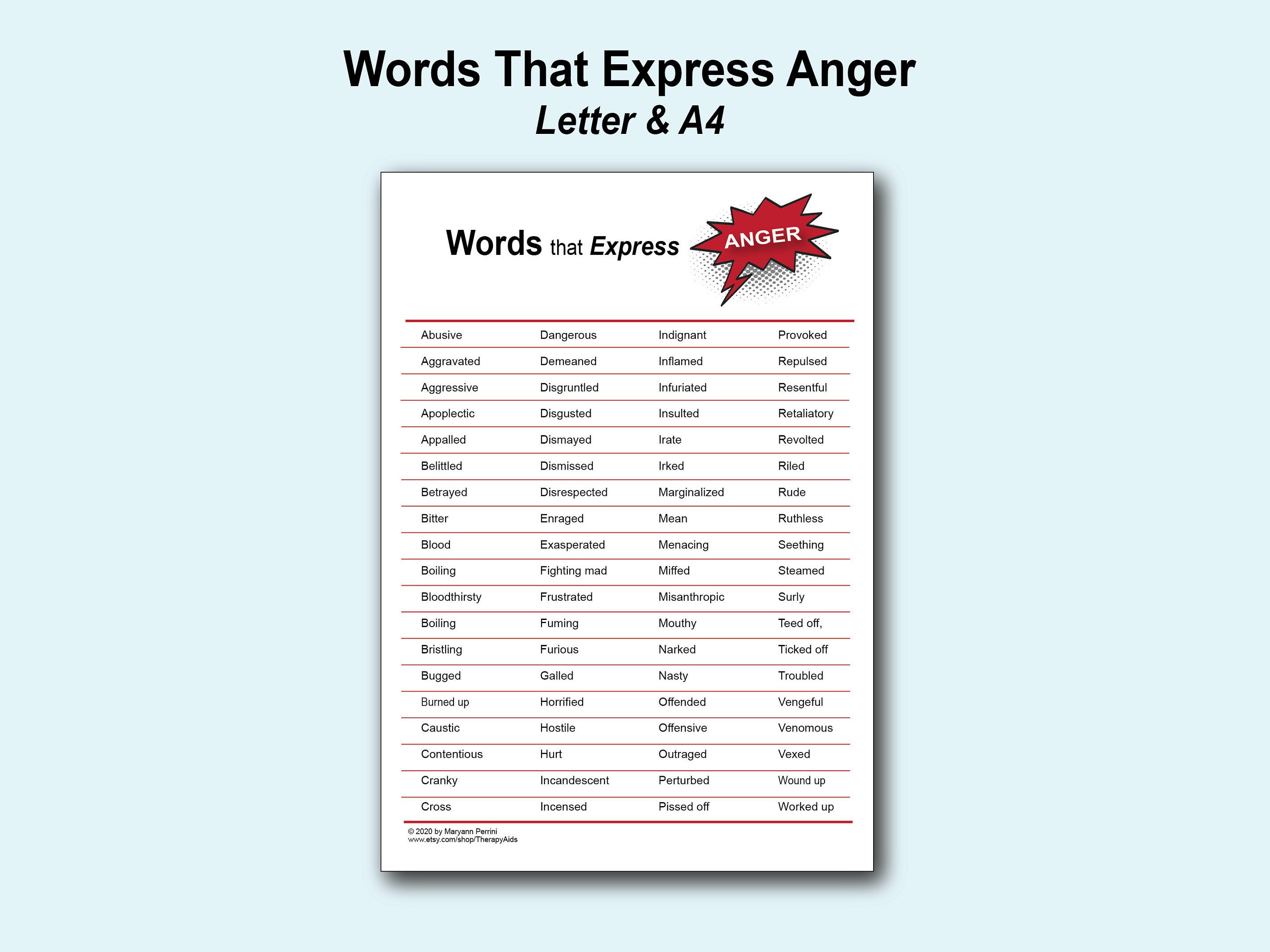 List Of Angry Words Printable Etsy