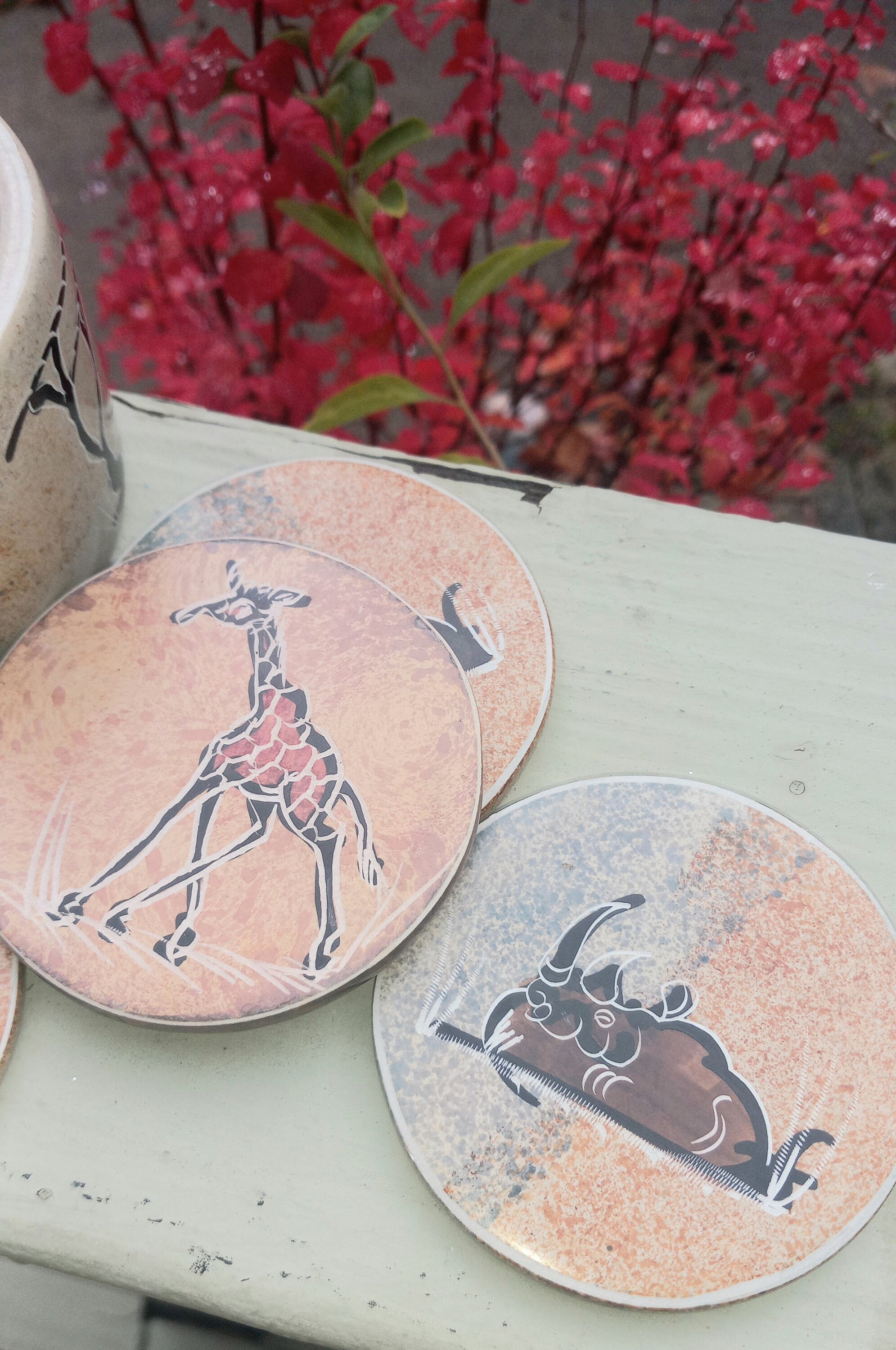 Set of 6 Soapstone Africa Animals Scene Coasters With Soapstone Holder
