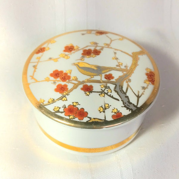 Vintage Japanese Porcelain Trinket Box 14k Gold Cherry blossom with bird scene on lid