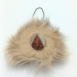 Inuit Spirit Mask Alaskan Hand Carved with Vintage Mouton Caribou Fur - Authentic from Alaska.  Ornament /wall hanging.  What a Story 4&quot;