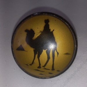 May include: A round, gold-colored metal pin with a black silhouette of a camel and a person riding it. The pin has a black border.