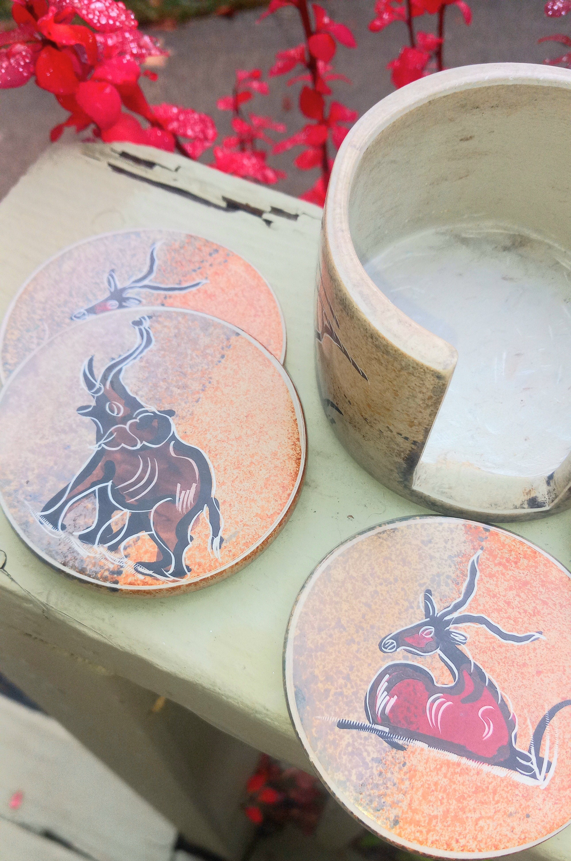 Set of 6 Soapstone Africa Animals Scene Coasters With Soapstone Holder