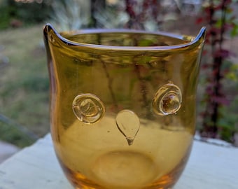 Vintage MCM 4" Hand Blown Golden Yellow Glass Owl -Candle Holder -Small Vase- Fall Halloween - Thick Glass Art