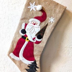 Vintage Burlap and Felt Santa Claus 18" Christmas Stocking. Cottage/ Primitive