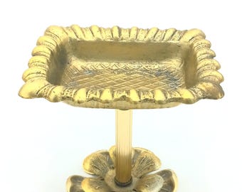 Vintage Floral Gold Tone Metal Pedestal Soap Dish. Art Deco Style/Bathroom or Vanity Jewelry Dish