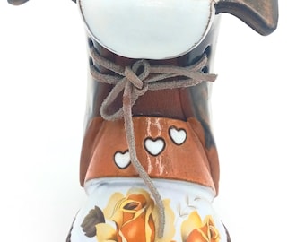 The Clay Cobbler Shoe Planter Vase with Yellow Rose Terra Cotta Pottery 6.5" /Vintage Country Garden