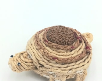Vintage Tortoise Natural Fiber Turtle Pin Cushion.  Basket.