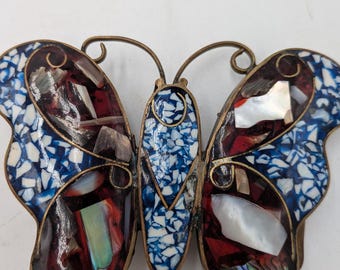 Rare Large Vintage Brass Mosaic Glass, Abalone Shell Inlayed Incased in a Thick Brass Frame Belt Buckle - Handcrafted - 1970's