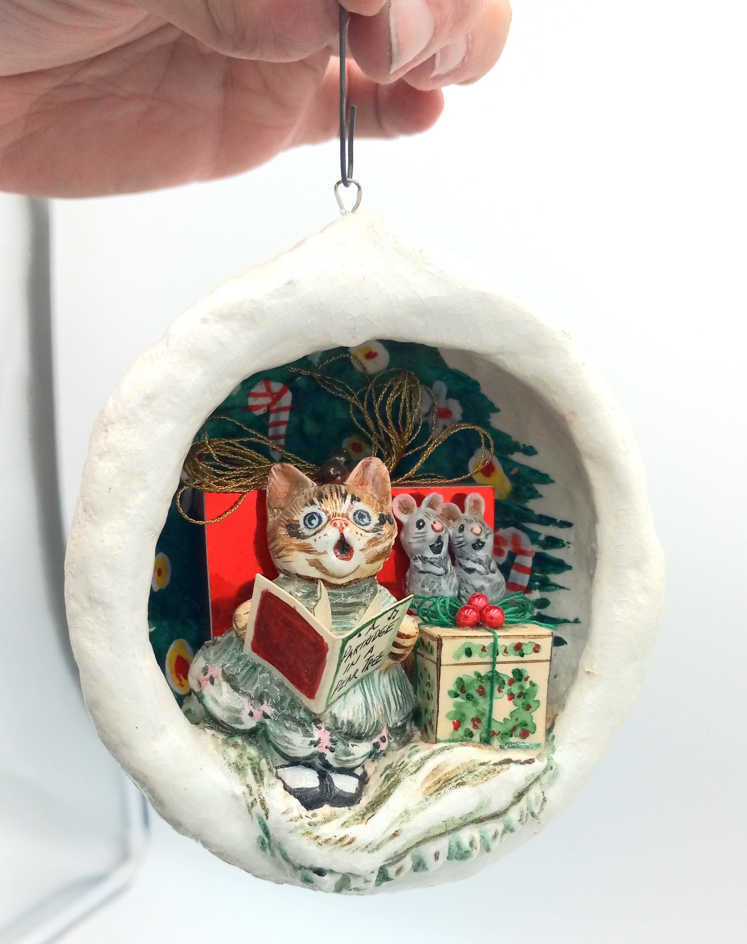 Vtg. Jan Zimmer Handmade Paper Mache Christmas Ornament Diorama