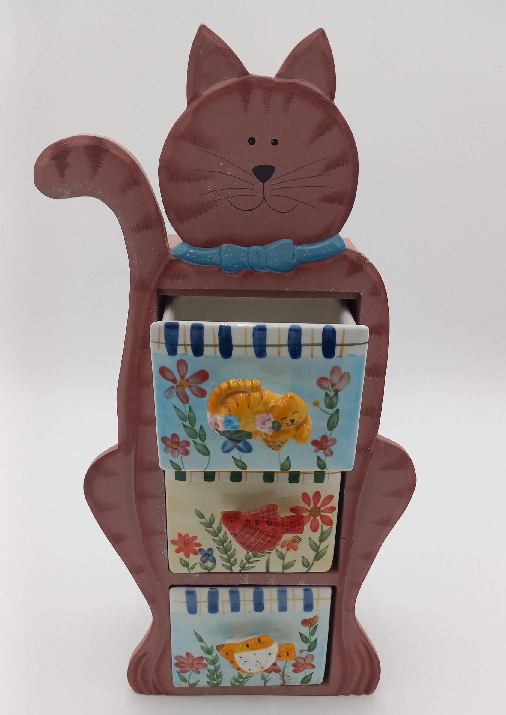 Vintage Wood and Ceramic Cat Three Drawers 16