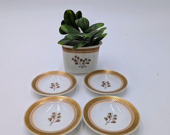 Royal Copenhagen #1112 Golden Clover-Liselund 4 Butter Pat Dishes and Matching Tooth Pick Cigarette Holder. Denmark Signed & Numbered.