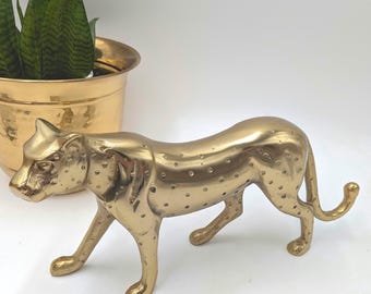 Vintage Brass 13" Cheetah Leopard Figurine Sculpture Statue. Long Sleek Figurine. Wild Cat Decor.
