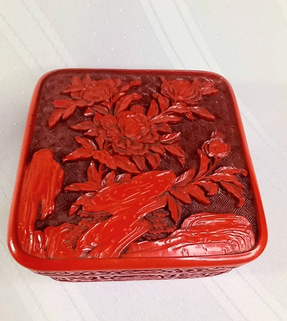 Authentic Chinese Carved Cinnabar Tea Caddy/ Box … - image 6