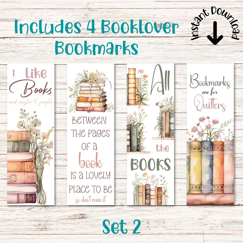 Printable Booklover Bookmarks, Watercolor Book Designs, Pretty Flowers ...