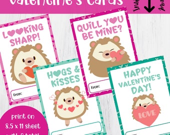 Cute Hedgehog Valentine's Kid Cards for Classroom, Printable, Set of 8, School Exchange, 2.5 x 3.5 card size, Hogs and Kisses,