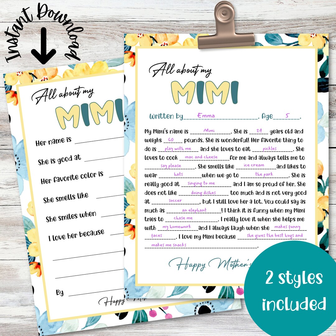 All About My Mimi Printable, Mother's Day Gift Idea From Grandchild ...