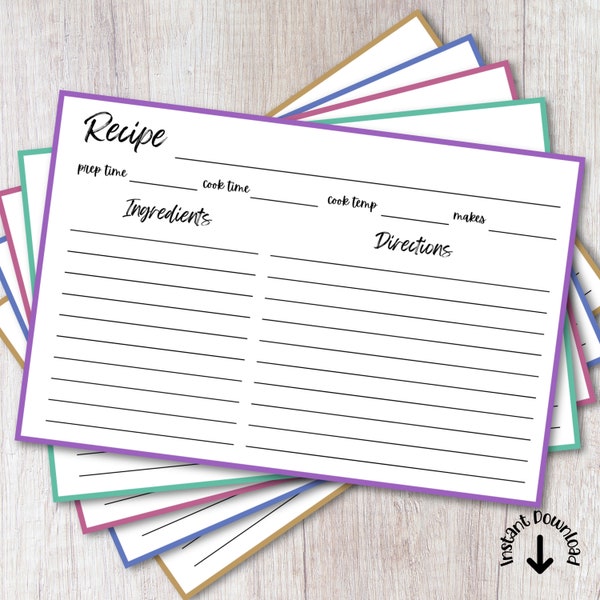 Minimalist Color Coded Recipe Card, Printable Digital File, Simple, Multiple Sizes, 4x6, 5x7