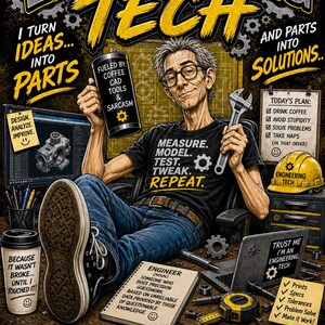 Könnte beinhalten: Eine grafische Illustration eines Ingenieurs in einem schwarzen T-Shirt mit dem Text 'MEASURE. MODEL. TEST. TWEAK. REPEAT.', der einen Schraubenschlüssel und einen Becher mit der Aufschrift 'FUELED BY: COFFEE CAD TOOLS & SARCASM' hält. Die Szene umfasst einen Computer, einen gelben Helm, ein Notizbuch und Werkzeuge.