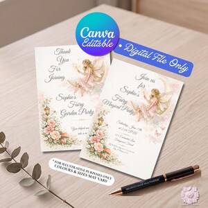 Op de afbeelding: Twee rechthoekige uitnodigingskaarten met een fee op een maansikkel, roze rozen en een lantaarn. De tekst bevat "Thank You For Joining", "Sophie's Fairy Garden Party" en "Join us for Sophie's Fairy Magical Party" met de details van het evenement.