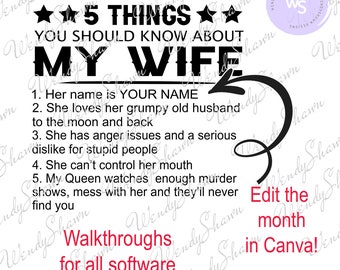 Five Things About My Wife, Her Name Is, Editable Name, Husband Shirt, Amazing Wife, Sublimation, Digital File, Instant Download, SVG, Canva