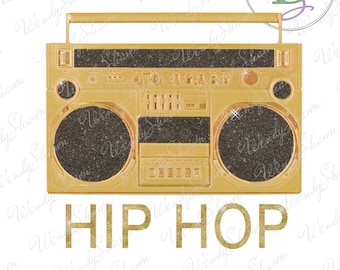 Hiphop, Gold Boom Box, Glitter Design, Print en Cut, Sublimatie, Instant Download, PNG