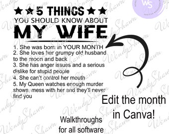 Vijf dingen over mijn vrouw/bewerkbare verjaardag maand/man shirt/geweldige vrouw/shirt/sublimatie/digitaal bestand/Instant Download/SVG/PNG/Canva