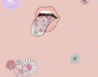 Bloemen en tong naadloos patroon/shirt ontwerp/lippen en tong shirt/bloemmotief/print en knippen/sublimatie/Instant Download/PNG