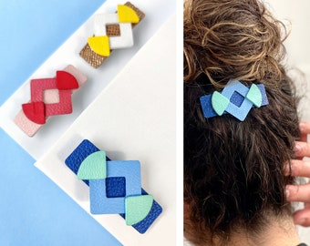 Colorful Leather Hair Pin, French Barrette for Women, Chunky Hair Clips, Geometric Hair Pin, Short Hair Accessories, RECYCLED, Eco Hair Clip