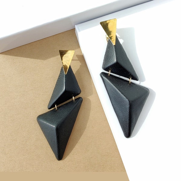 Big Bold Earrings, Gold & Black Long Earring Architectural Jewelry, Upcycled Black Leather Earring, Lightweight Mismatched Oversized Earring