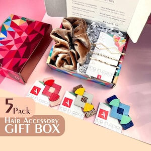 5Pack Hair Clip Gift Box, Upcycled Leather Barrette, Large Scrunchy, Bobby Pin SET, Sustainable Self Care Package, Geometric Fancy Hair Clip