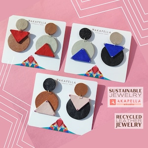 Mismatched Earrings, Dangle Leather Earrings, Mid Century Modern, Bauhaus, Retro Artsy Earrings, Upcycled, ECO-Friendly, Hypoallergenic Stud