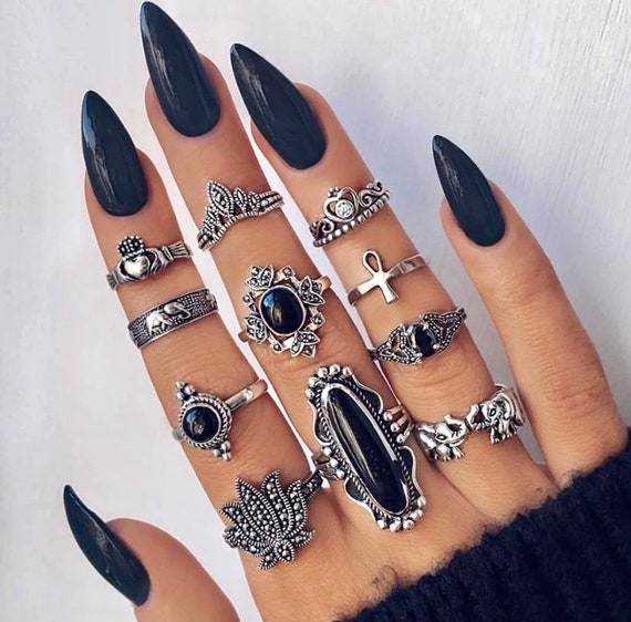 Gothic Engagement Ring Set For Couple Onyx Black Matching Skull Rings