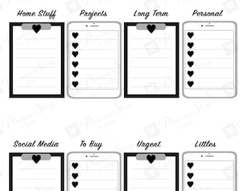 BIG Black HAPPY PLANNER Stickers | B&W Heart iPad Clipboard To Do | Sticker | Planner Printable | To Do Clipboard | Instant Download