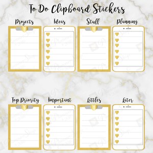 May include: A set of printable to-do list clipboard stickers with gold accents and hearts. The stickers are labeled with categories such as "Projects", "Ideas", "Stuff", "Planning", "Top Priority", "Important", "Littles", and "Later".