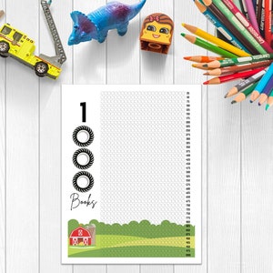 May include: A printable chart with a farmhouse theme to track reading progress. The chart features a red barn with a white X on the side, a silo, and green grass. The chart has 1000 circles to colour in as you read books. The chart has numbers on the right side from 25 to 1000.
