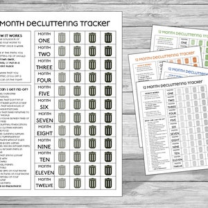 May include: A printable 12-month decluttering tracker with a list of items to get rid of and a grid to track progress. Each month has a trash can icon to mark off items decluttered.