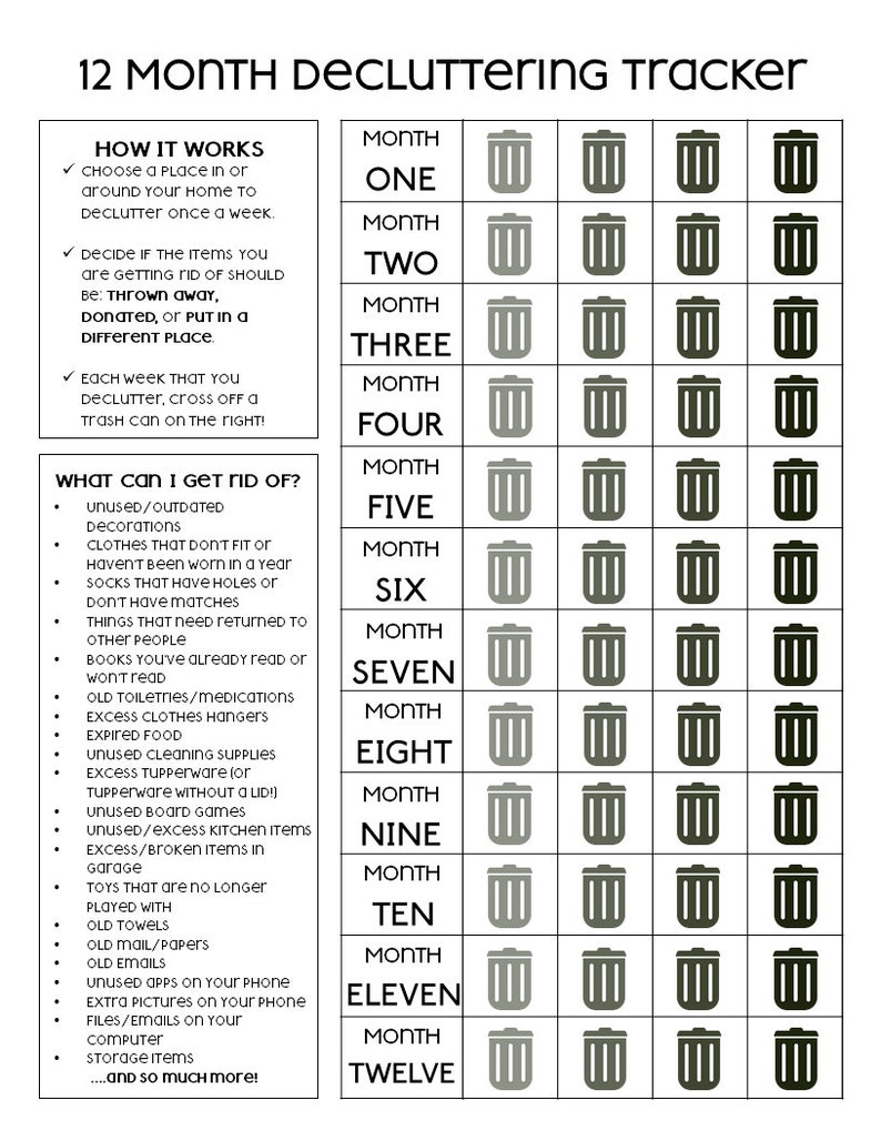 12 Month Decluttering Tracker Printable - Goal Tracker - Organize ...