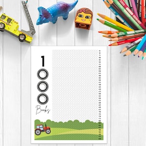 May include: A printable chart for tracking reading progress. The chart features a tractor illustration, a green field, and a grid with numbers from 25 to 1000. The text "1000 Books" is written on the chart.