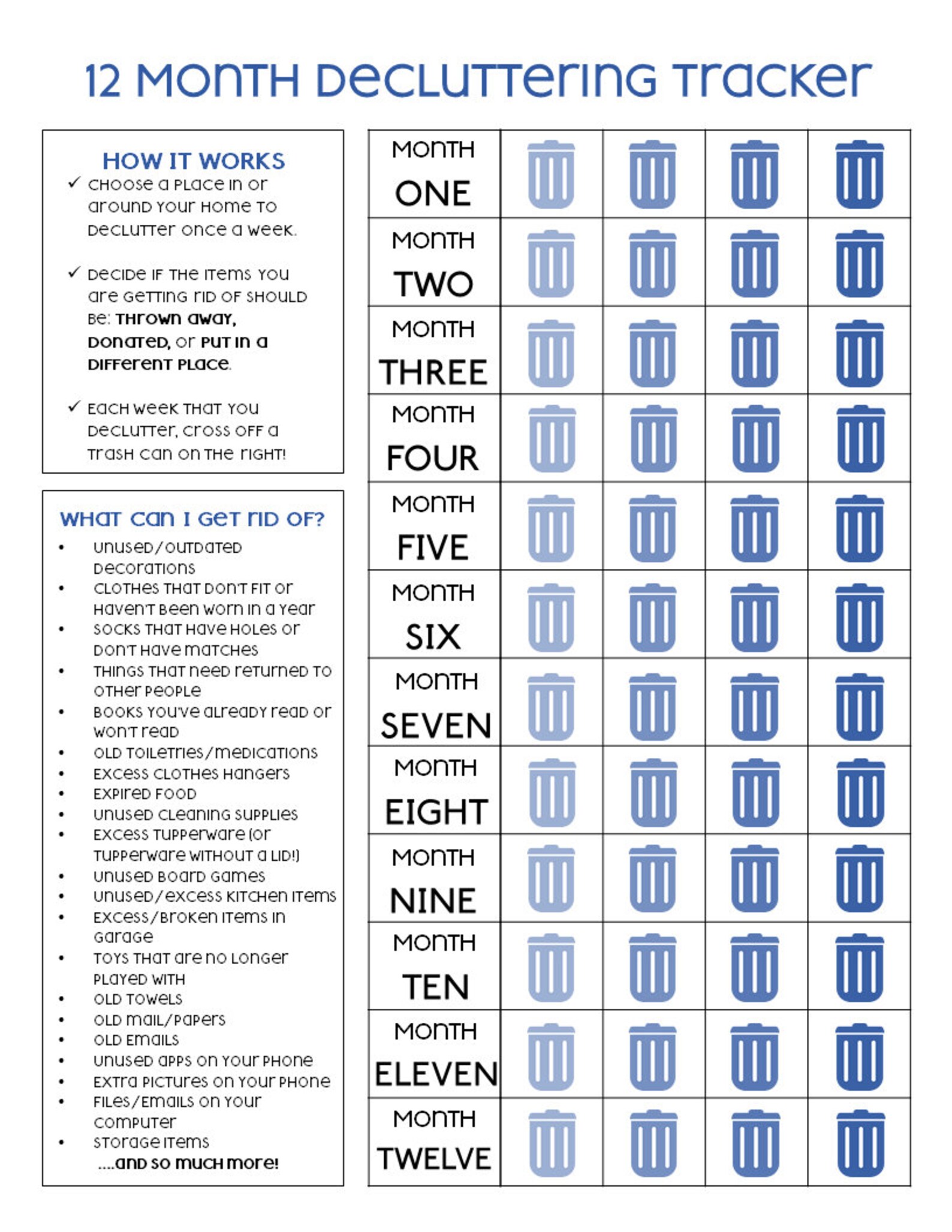 12 Month Decluttering Tracker Printable - Goal Tracker - Organize - Organization - Cleaning ...