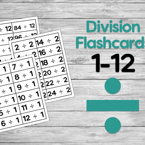 Division Flashcards 1-12 Printable - Elementary Flash Cards - Kids - Activity - Learning - Education