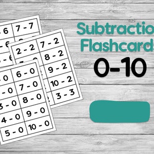 Subtraction Flashcards 0-10 - Printable - Instant Download - Elementary Flash Cards