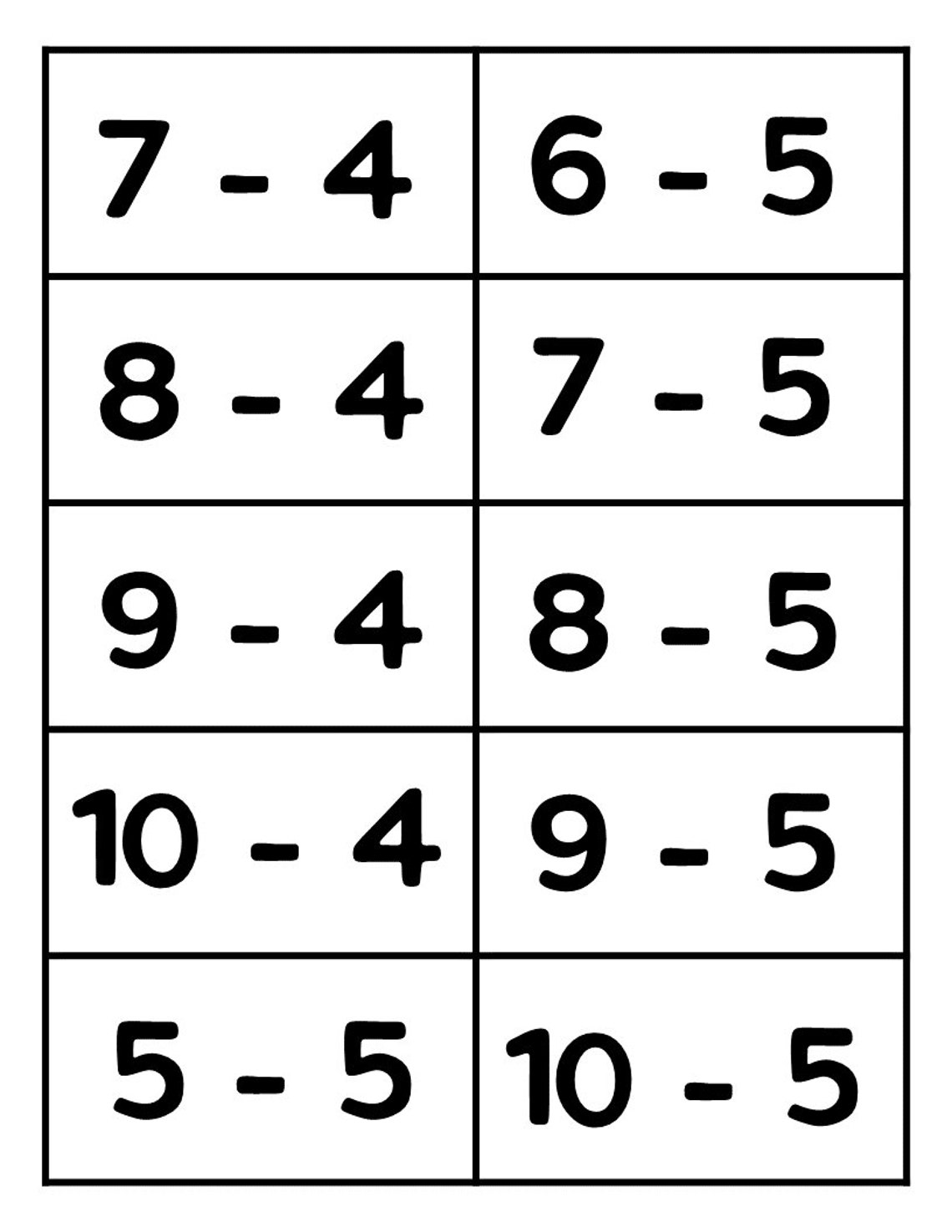 Subtraction Flash Cards Printable Free