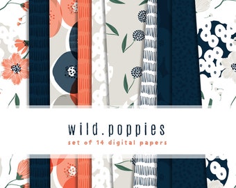 Wild Poppies Digital Paper Collection  { Set of 14 } in Navy, Coral, Greige and Emerald and 6 Digital Stickers
