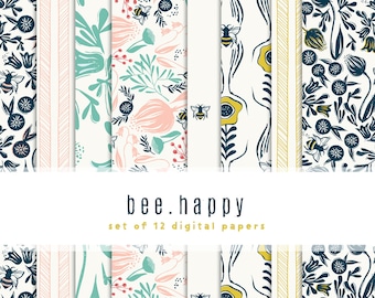 Botanical Bee Digital Paper Collection: Navy, Pink, Yellow & Mint (JPGs, 300 PPI)