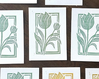 Linocut Tulip Print: Gold & Mint Green, 5x7 Art
