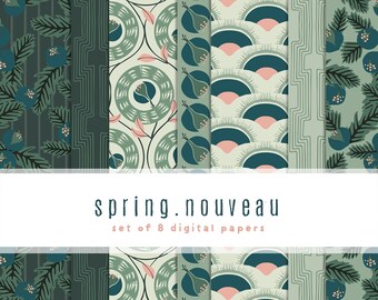 Spring Nouveau Digital Paper Collection: Teal, Green & Pink (Set of 8)