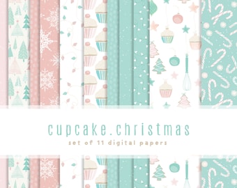 Cupcake Christmas Digital Scrapbooking Papers { Set of 11 } in Pastel Palette Pinks & Teal