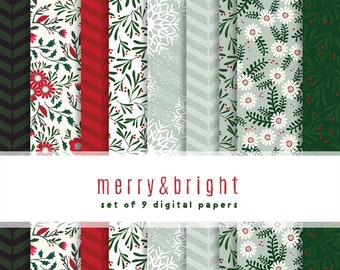 Merry and Bright Digital Scrapbooking Paper Collection  {  Set of 9  }  Digital Papers &  {  Set of 6  }  Unique Gift Tags